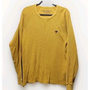 Vintage‎ Fit Retro AEO Thermal Mens Large Long Sleeve Waffle Knit Mustard Y2K